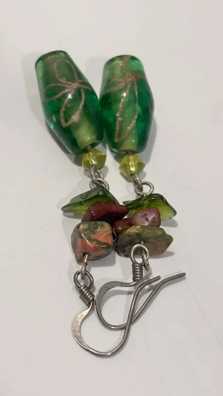 Handcrafted Green Glass Bead Dangle Earrings